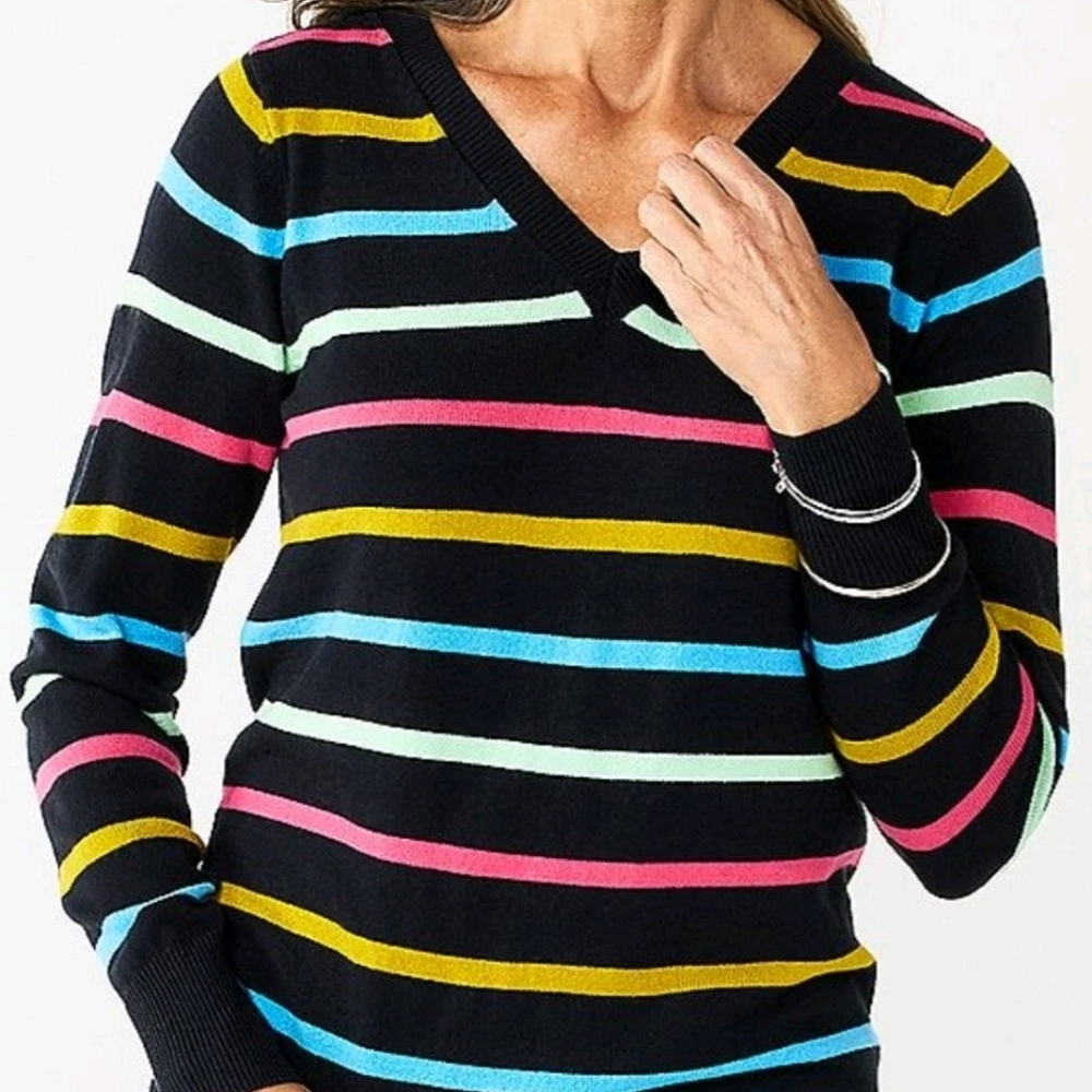Croft & Barrow Multicolor Striped V-Neck Sweater